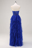 Sparkly Royal Blue A-Line Strapless Sequin Ruffles Tulle Long Formal Dress with Slit