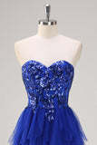 Sparkly Royal Blue A-Line Strapless Sequin Ruffles Tulle Long Formal Dress with Slit