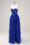 Sparkly Royal Blue A-Line Strapless Sequin Ruffles Tulle Long Formal Dress with Slit