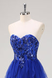 Sparkly Royal Blue A-Line Strapless Sequin Ruffles Tulle Long Formal Dress with Slit