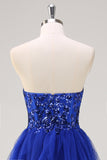 Sparkly Royal Blue A-Line Strapless Sequin Ruffles Tulle Long Formal Dress with Slit