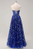 Royal Blue A Line Strapless Appliques Corset Long Formal Dress with Slit