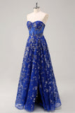 Royal Blue A Line Strapless Appliques Corset Long Formal Dress with Slit