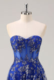 Royal Blue A Line Strapless Appliques Corset Long Formal Dress with Slit