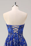 Royal Blue A Line Strapless Appliques Corset Long Formal Dress with Slit