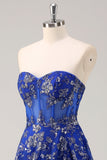 Royal Blue A Line Strapless Appliques Corset Long Formal Dress with Slit