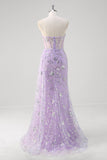 Light Purple Mermaid Strapless Corset Sequin Formal Dress With Slit