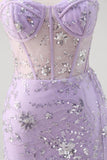 Light Purple Mermaid Strapless Corset Sequin Formal Dress With Slit