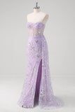 Light Purple Mermaid Strapless Corset Sequin Formal Dress With Slit