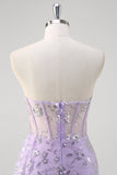 Light Purple Mermaid Strapless Corset Sequin Formal Dress With Slit