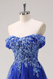 Royal Blue Tulle A-Line Off the Shoulder Sparkly Applique Long Formal Dress with Beading