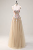 Sparkly Tulle Champagne A-Line Floral Sequin Formal Dress with Appliques