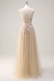 Sparkly Tulle Champagne A-Line Floral Sequin Formal Dress with Appliques