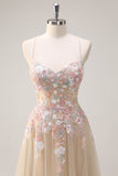 Sparkly Tulle Champagne A-Line Floral Sequin Formal Dress with Appliques