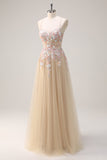 Sparkly Tulle Champagne A-Line Floral Sequin Formal Dress with Appliques