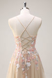 Sparkly Tulle Champagne A-Line Floral Sequin Formal Dress with Appliques