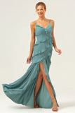 Eucalyptus Sheath Spaghetti Straps Ruffle Long Bridesmaid Dress with Slit