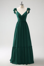 Dark Green A Line V-Neck Chiffon Long Bridesmaid Dress