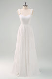 A-Line White Spaghetti Straps Pleated Long Formal Dress with Bow