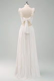 A-Line White Spaghetti Straps Pleated Long Formal Dress with Bow