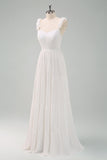 A-Line White Spaghetti Straps Pleated Long Formal Dress with Bow