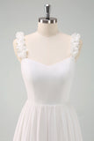 A-Line White Spaghetti Straps Pleated Long Formal Dress with Bow