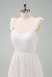 A-Line White Spaghetti Straps Pleated Long Formal Dress with Bow