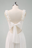 A-Line White Spaghetti Straps Pleated Long Formal Dress with Bow