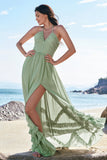 Dusty Sage A-Line Halter Corset Ruffled Long Chiffon Bridesmaid Dress with Slit