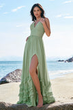 Dusty Sage A-Line Halter Corset Ruffled Long Chiffon Bridesmaid Dress with Slit