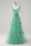 Green A Line V-Neck Tiered Tulle Bridesmaid Dress