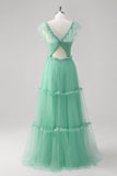 Green A Line V-Neck Tiered Tulle Bridesmaid Dress