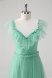 Green A Line V-Neck Tiered Tulle Bridesmaid Dress