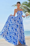 Blue Floral Spaghetti Straps Long Bridesmaid Dress with Slit