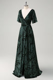 Dark Green A Line V-Neck Burnout Velvet Floral Long Bridesmaid Dress