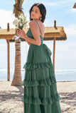 Tiered Eucalyptus A-Line Chiffon Long Bridesmaid Dress