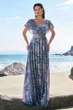 Grey Blue A-Line V Neck Burnout Velvet Printed Long Bridesmaid Dress