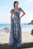 Grey Blue A-Line V Neck Burnout Velvet Printed Long Bridesmaid Dress