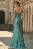Sparkly Grey Green Mermaid Off The Shoulder Sequins Metallic Formal Dress with Slit