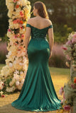 Dark Green Mermaid Off the Shoulder Plus Size Long Satin Prom Dress with Slit