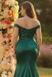 Dark Green Mermaid Off the Shoulder Plus Size Long Satin Prom Dress with Slit