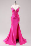 Fuchsia Mermaid Spaghetti Straps Corset Sequin Formal Dress with Slit