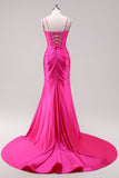 Fuchsia Mermaid Spaghetti Straps Corset Sequin Formal Dress with Slit