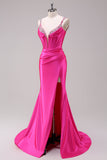 Fuchsia Mermaid Spaghetti Straps Corset Sequin Formal Dress with Slit