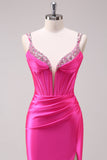 Fuchsia Mermaid Spaghetti Straps Corset Sequin Formal Dress with Slit