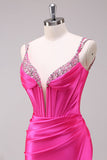 Fuchsia Mermaid Spaghetti Straps Corset Sequin Formal Dress with Slit