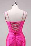 Fuchsia Mermaid Spaghetti Straps Corset Sequin Formal Dress with Slit