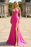 Fuchsia Mermaid Corset Spaghetti Straps Plus Size Prom Dress with Slit
