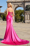 Fuchsia Mermaid Corset Spaghetti Straps Plus Size Prom Dress with Slit