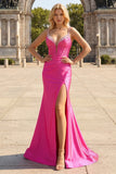 Fuchsia Mermaid Spaghetti Straps Corset Sequin Formal Dress with Slit